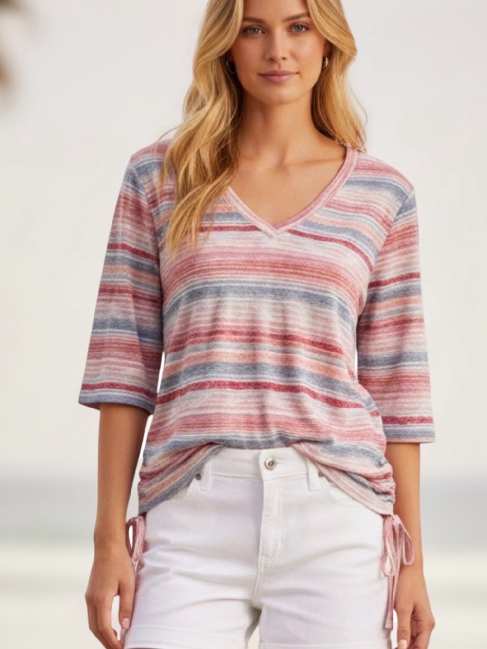 Democracy Pink Blue White Stripes Knit Top Short Sleeves Drawstring Sides, L